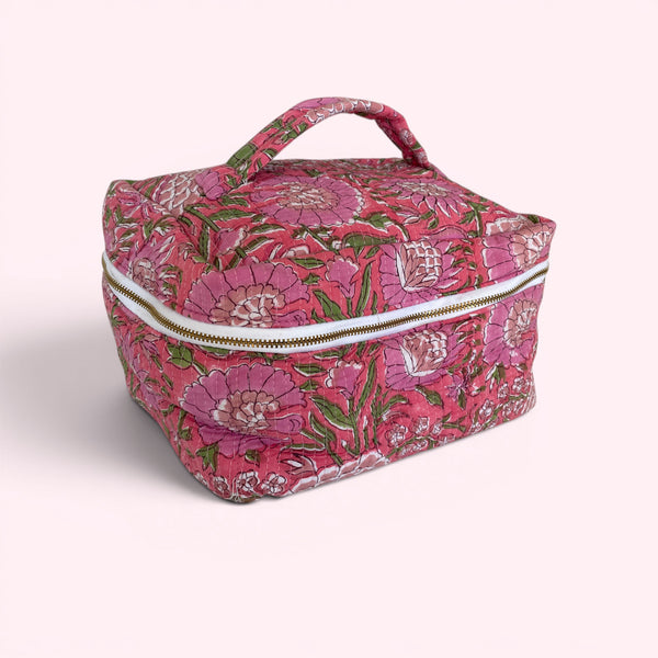Vanity Bag - Quilted Cotton Toiletry Bag in Pink Garden Floral Block Print