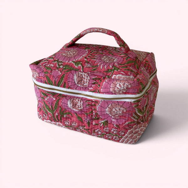 Vanity Bag - Quilted Cotton Toiletry Bag in Pink Garden Floral Block Print