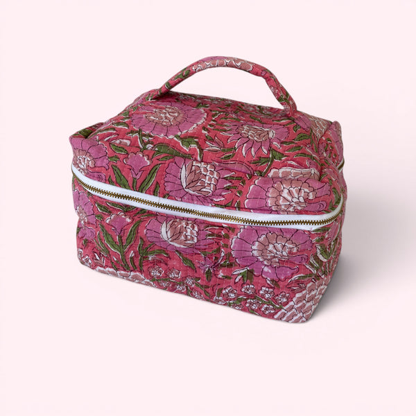 Vanity Bag - Quilted Cotton Toiletry Bag in Pink Garden Floral Block Print