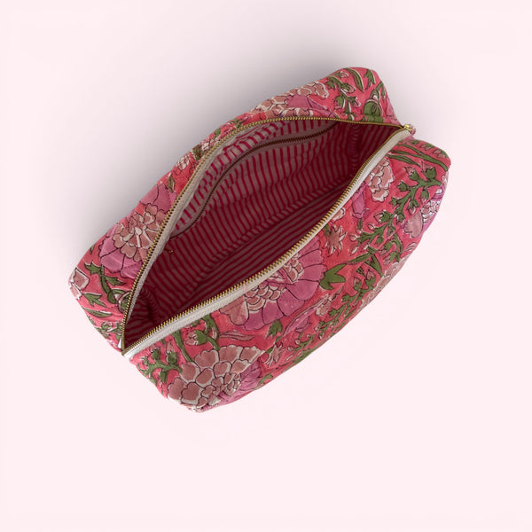 XL Toiletry Bag - Quilted Cotton Large Wash Bag in Pink Garden Floral Block Print