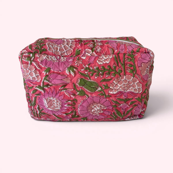 XL Toiletry Bag - Quilted Cotton Large Wash Bag in Pink Garden Floral Block Print
