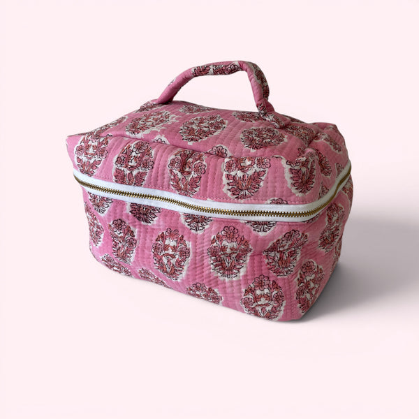 Vanity Bag - Quilted Cotton Toiletry Bag in Pink Flower Block Print