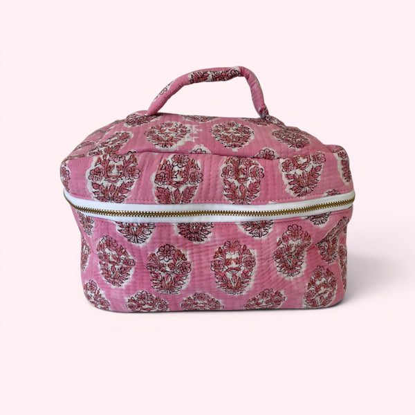 Vanity Bag - Quilted Cotton Toiletry Bag in Pink Flower Block Print