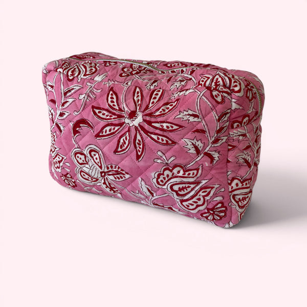 XL Toiletry Bag - Quilted Cotton Large Wash Bag in Pink and Red Flower Block Print