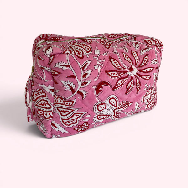 XL Toiletry Bag - Quilted Cotton Large Wash Bag in Pink and Red Flower Block Print