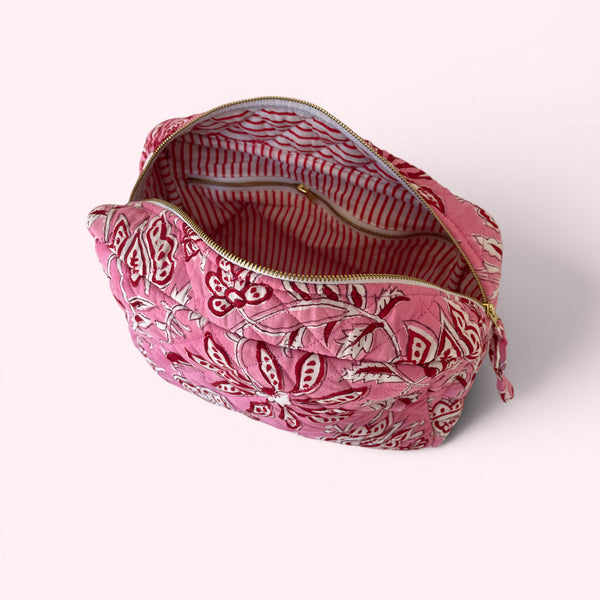 XL Toiletry Bag - Quilted Cotton Large Wash Bag in Pink and Red Flower Block Print