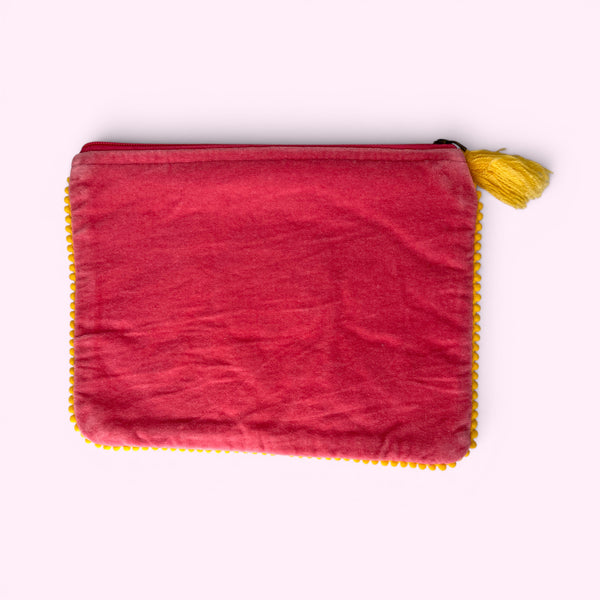 Embroidered Velvet Make Up Bag | Everyday Pouch | Pink Sunflower Design