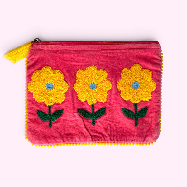 Embroidered Velvet Make Up Bag | Everyday Pouch | Pink Sunflower Design