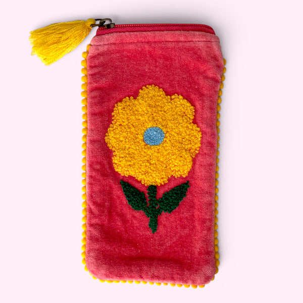 Embroidered Velvet Glasses Case | Pink Sunflower