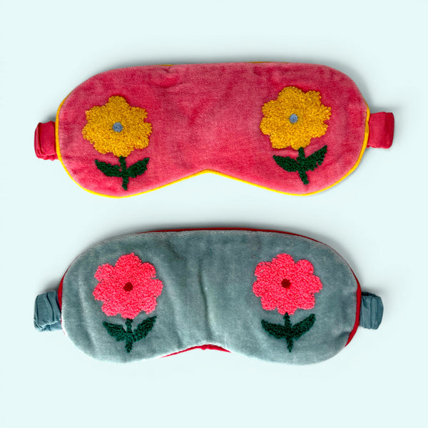 Embroidered Velvet and Cotton Eye Mask | Pale Blue Flower