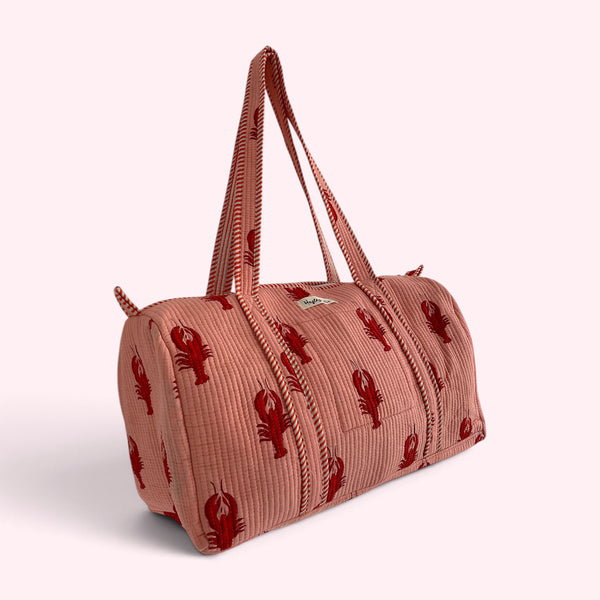 Lobster Print Cotton Quilted Weekend Duffle Bag in Pink