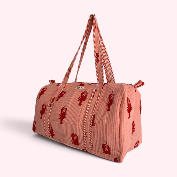 Lobster Print Cotton Quilted Weekend Duffle Bag in Pink