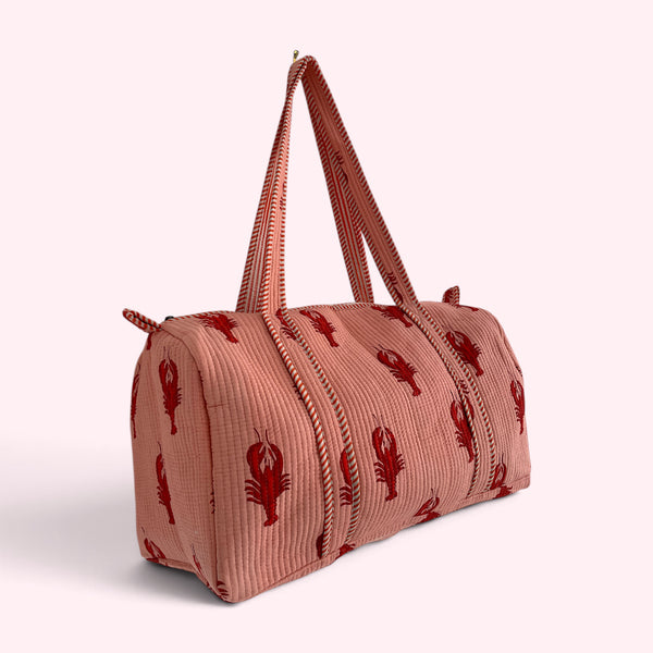 Lobster Print Cotton Quilted Weekend Duffle Bag in Pink