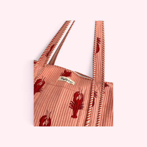Lobster Print Cotton Quilted Weekend Duffle Bag in Pink