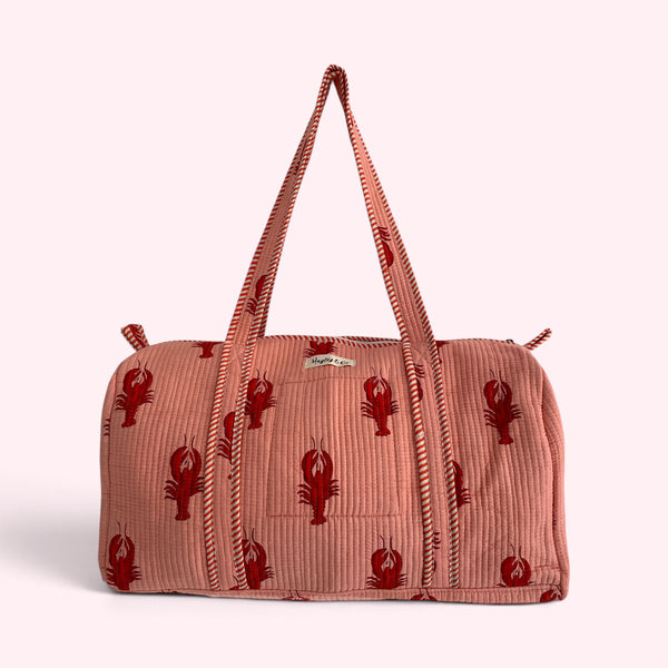 Lobster Print Cotton Quilted Weekend Duffle Bag in Pink