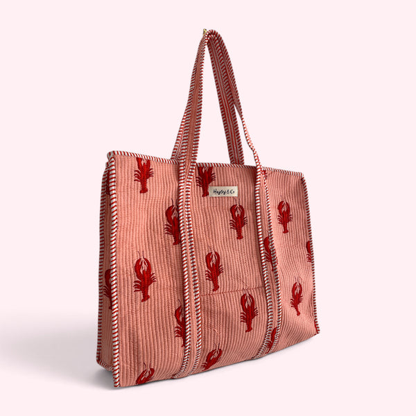 Pink Lobster Print Quilted Cotton Tote Bag