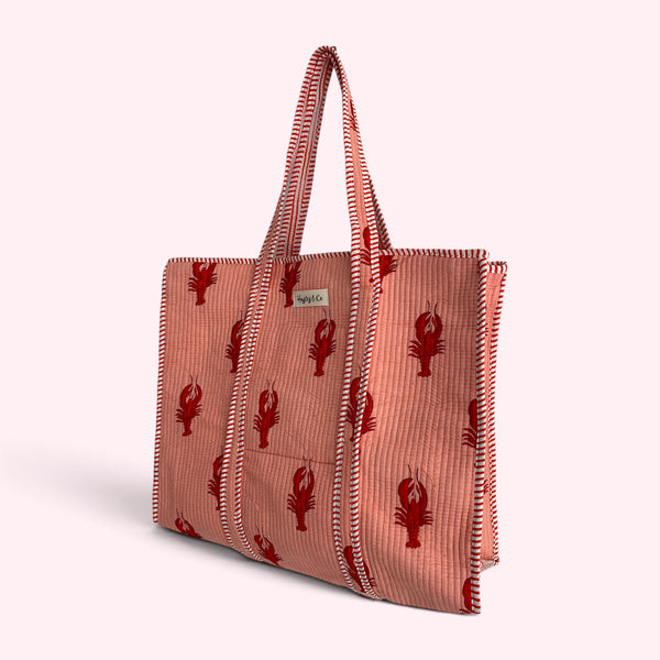 Pink Lobster Print Quilted Cotton Tote Bag