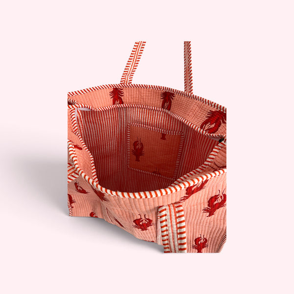 Pink Lobster Print Quilted Cotton Tote Bag