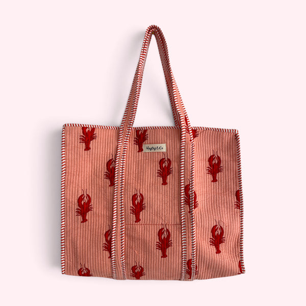 Pink Lobster Print Quilted Cotton Tote Bag