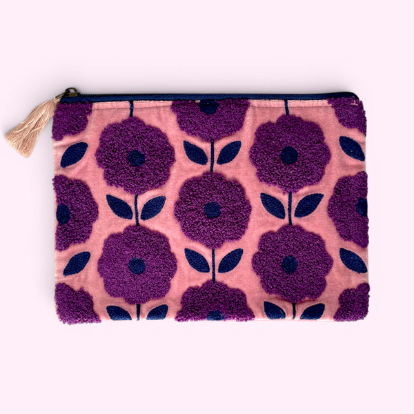 Embroidered Velvet Make Up Bag | Everyday Pouch | Purple and Blue Pop Flower