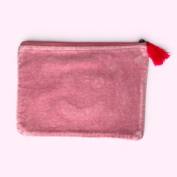 Embroidered Velvet Make Up Bag | Everyday Pouch | Smiley Face in Pinks