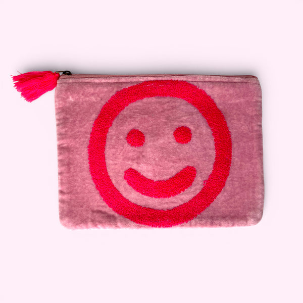 Embroidered Velvet Make Up Bag | Everyday Pouch | Smiley Face in Pinks