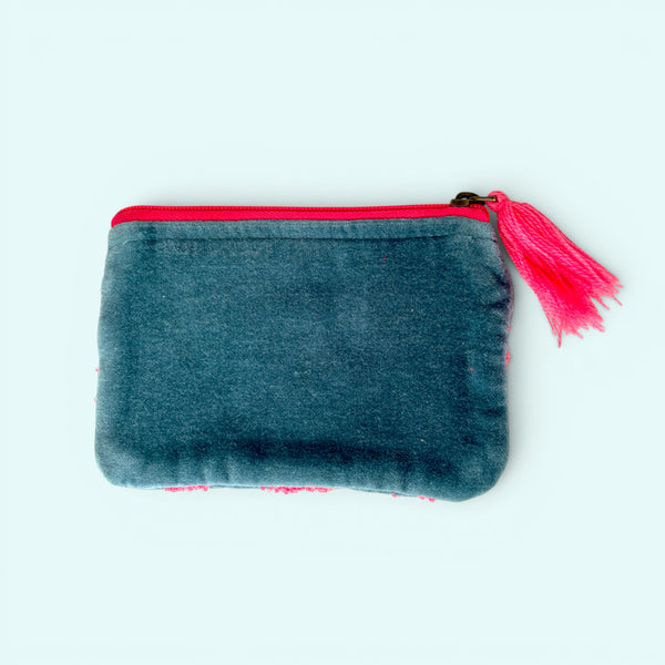 Embroidered Velvet Coin Purse | Pop Floral in Blue, Teal and Pink