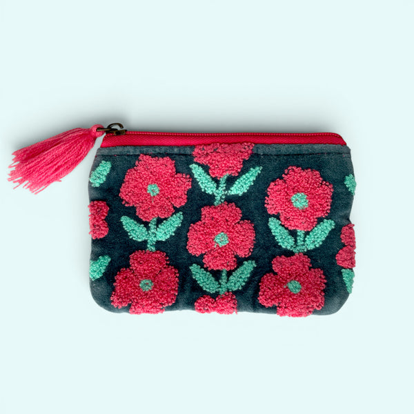 Embroidered Velvet Coin Purse | Pop Floral in Blue, Teal and Pink