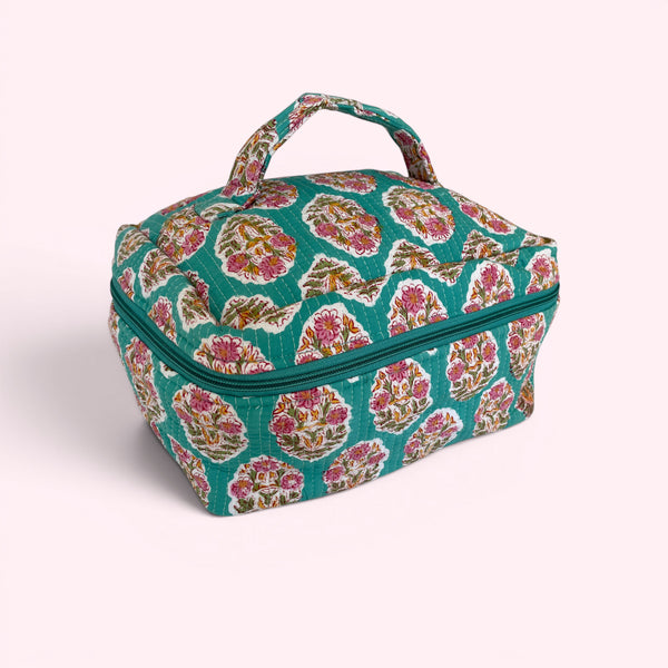 Vanity Bag - Quilted Cotton Toiletry Bag in Turquoise Block Print