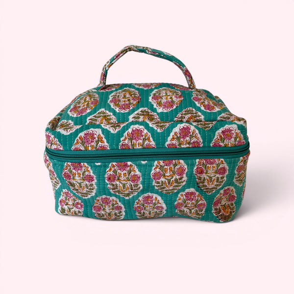 Vanity Bag - Quilted Cotton Toiletry Bag in Turquoise Block Print