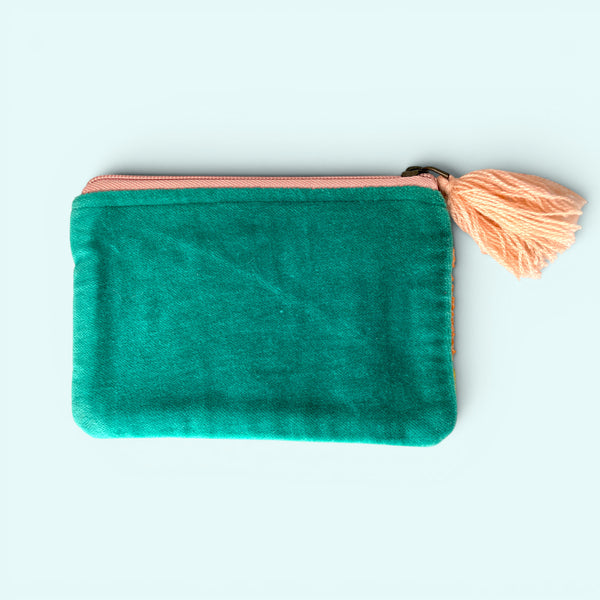 Embroidered Velvet Coin Purse | Pop Floral in Turquoise and Pink