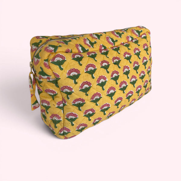 XL Toiletry Bag - Quilted Cotton Large Wash Bag in Yellow Flower Block Print