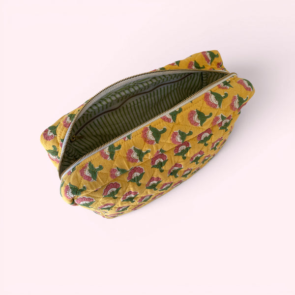 XL Toiletry Bag - Quilted Cotton Large Wash Bag in Yellow Flower Block Print