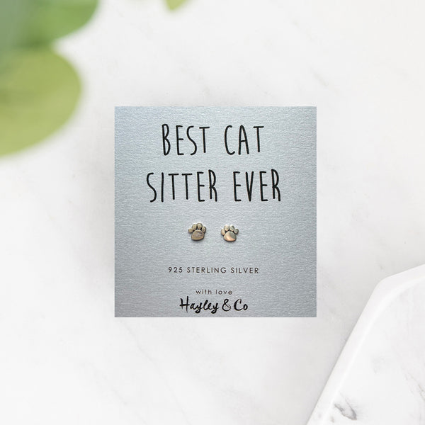 Best Cat Sitter Sterling Silver Paw Print Earrings
