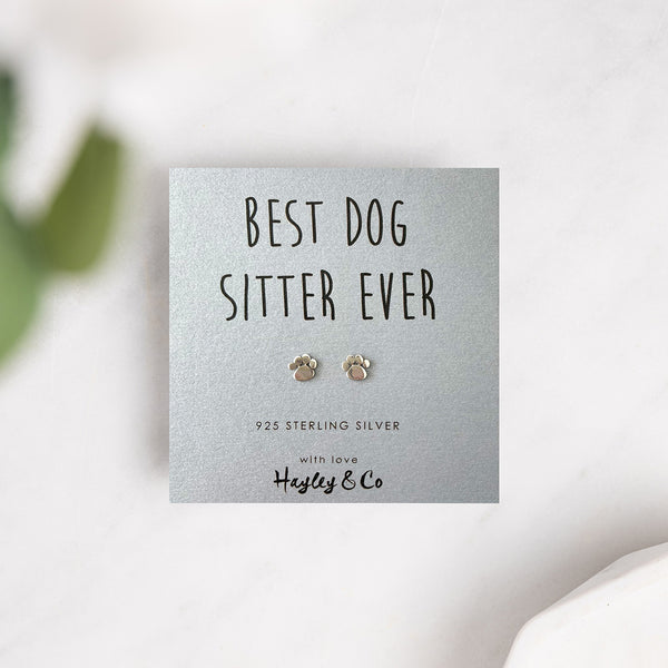 Best Dog Sitter Sterling Silver Paw Print Earrings