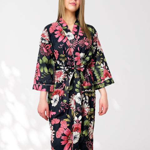Black and Pink Flower Print 100% Cotton Dressing Gown