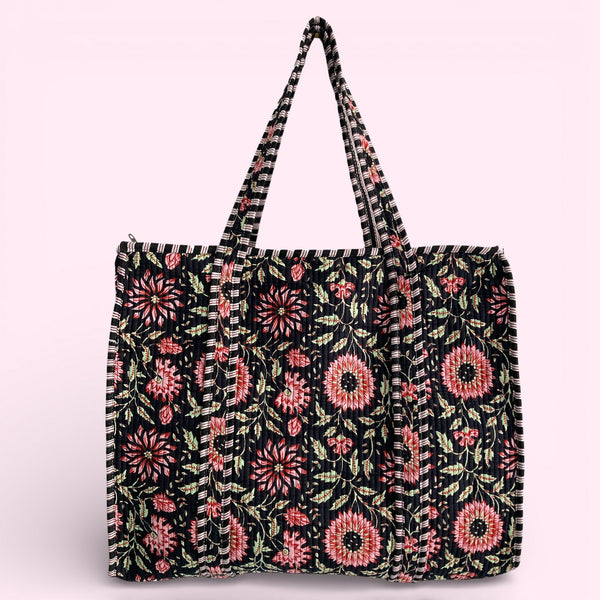 Black and Pink Flower Quilted Cotton Shoulder Bag