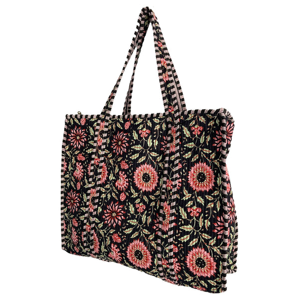 Black and Pink Flower Quilted Cotton Shoulder Bag