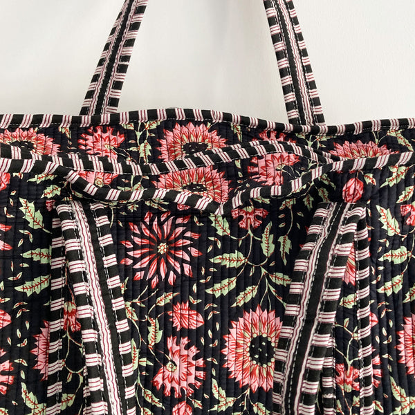 Black and Pink Flower Quilted Cotton Shoulder Bag