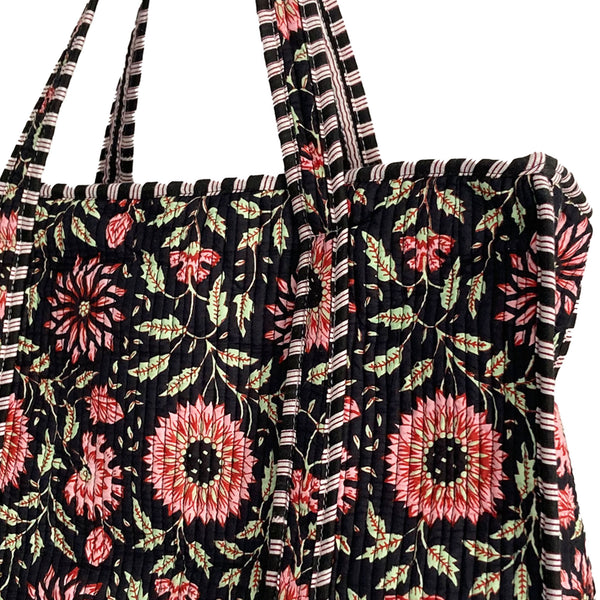 Black and Pink Flower Quilted Cotton Shoulder Bag