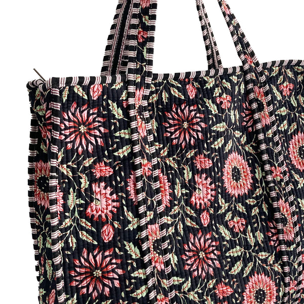 Black and Pink Flower Quilted Cotton Shoulder Bag