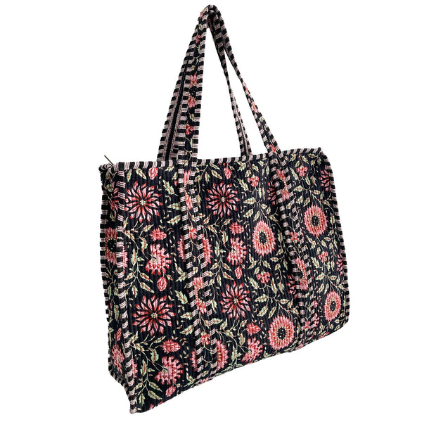 Black and Pink Flower Quilted Cotton Shoulder Bag