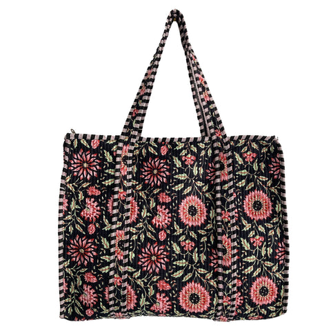 Black and Pink Flower Quilted Cotton Shoulder Bag