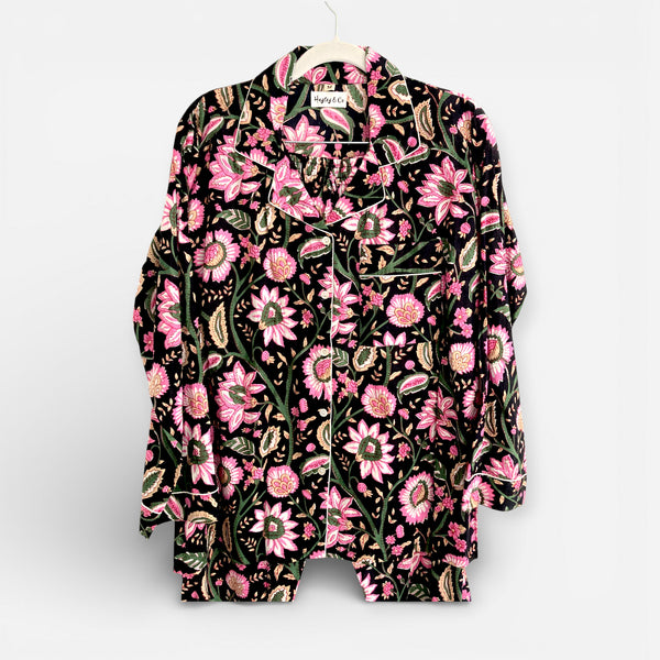 Black and Pink Block Print Floral 100% Cotton Long Pyjama Set