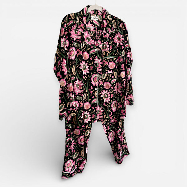 Black and Pink Block Print Floral 100% Cotton Long Pyjama Set