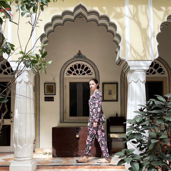 Black and Pink Block Print Floral 100% Cotton Long Pyjama Set