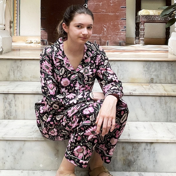 Black and Pink Block Print Floral 100% Cotton Long Pyjama Set