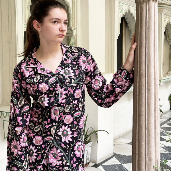 Black and Pink Block Print Floral 100% Cotton Long Pyjama Set