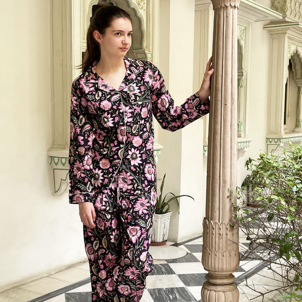 Black and Pink Block Print Floral 100% Cotton Long Pyjama Set