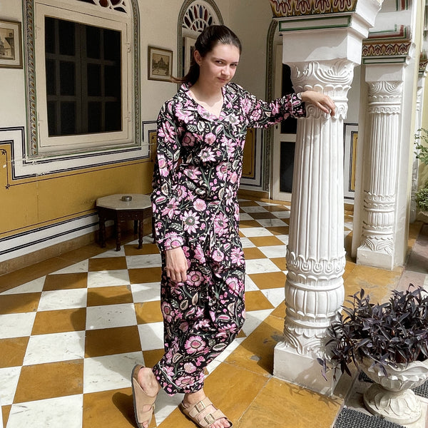 Black and Pink Block Print Floral 100% Cotton Long Pyjama Set